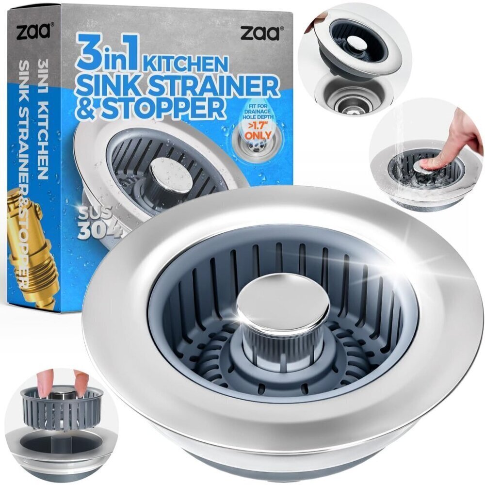 Upgraded 3in1 Kitchen Sink Drain Strainer & Sink Stopper, Stainless Steel Kitche